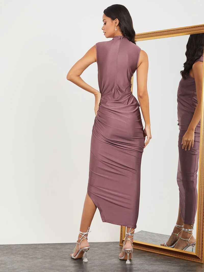 Styli Sleeveless Ruched Detail Bodycon Maxi Dress with Slit