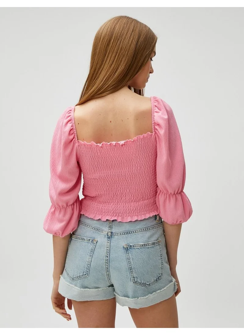 كوتون Crop T-Shirt Gimped Balloon Sleeve Square Neck