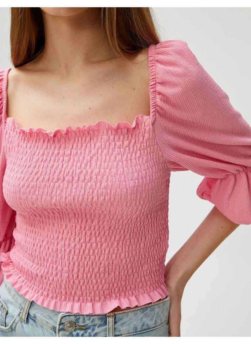 كوتون Crop T-Shirt Gimped Balloon Sleeve Square Neck