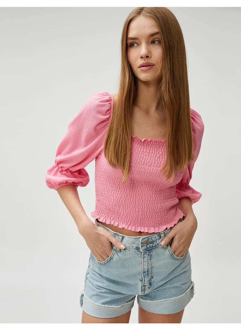 كوتون Crop T-Shirt Gimped Balloon Sleeve Square Neck