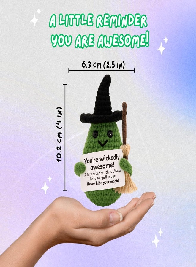 M.O.Q. Mini Funny Green Witch Birthday Crochet Gifts Ideas, Graduation Teacher Appreciation Gifts for Women Her Him, Small Cute Stuff Things, Handmade Emotional Positive Crochet Witch Decor - Image 2