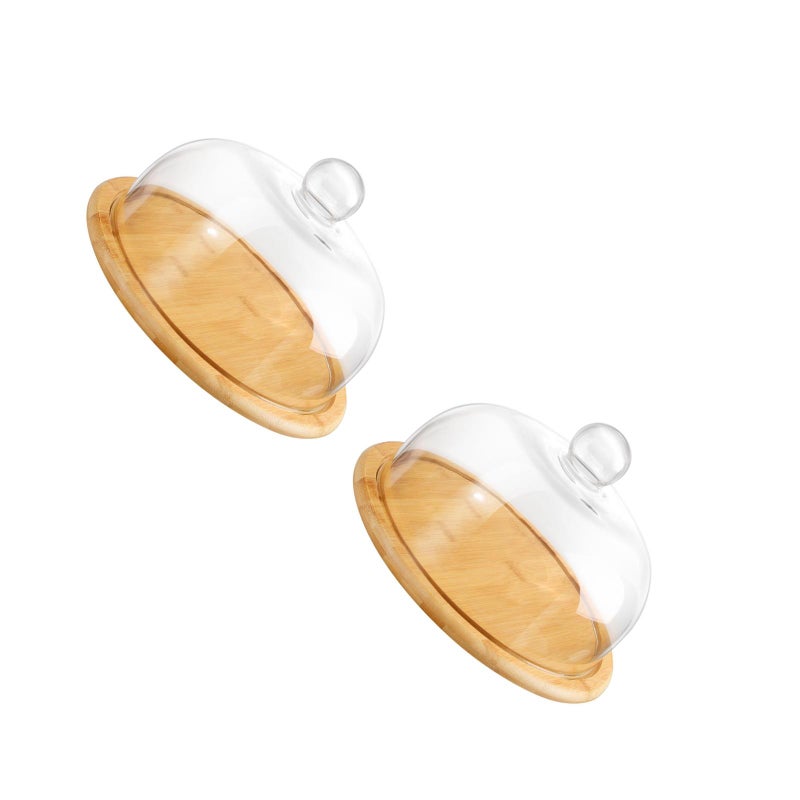 2 Sets Cake Plate Server Dessert Platter Dome Cover Cake Pie Holder Wood Dessert Stand with Glass Dome - Image 4