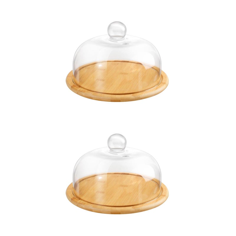 2 Sets Cake Plate Server Dessert Platter Dome Cover Cake Pie Holder Wood Dessert Stand with Glass Dome - Image 2