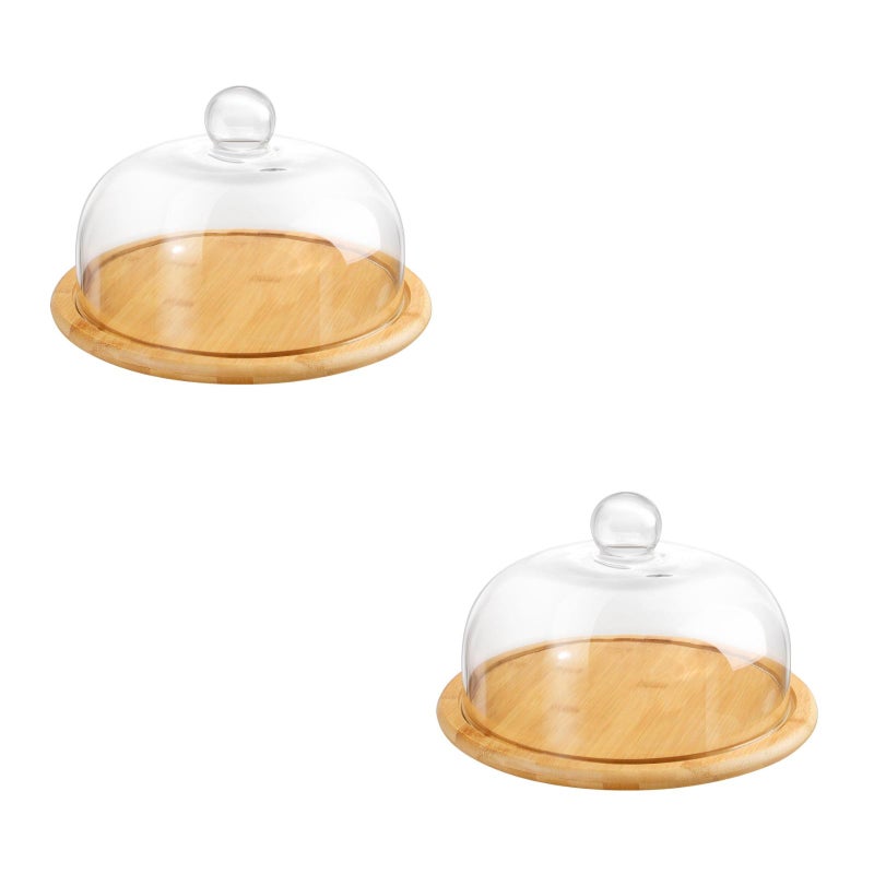 2 Sets Cake Plate Server Dessert Platter Dome Cover Cake Pie Holder Wood Dessert Stand with Glass Dome - Image 3