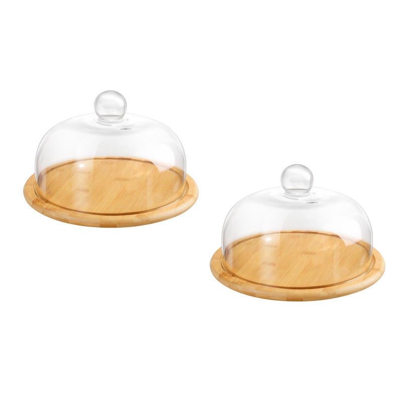 2 Sets Cake Plate Server Dessert Platter Dome Cover Cake Pie Holder Wood Dessert Stand with Glass Dome - Image 1