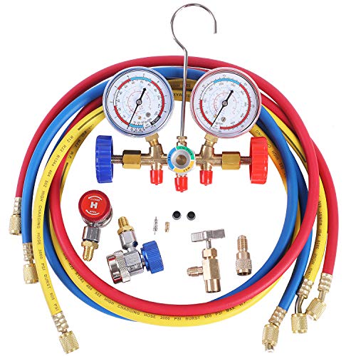 JIFETOR 3 Way AC Manifold Gauge Set, HVAC Diagnostic Charging Tool for Auto Household R404A R134A Refrigerant, with 5FT Hose, Adjustable Quick Coupler, Can Tap and Adapter - Image 1