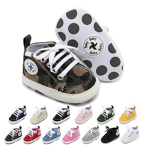 BEIDI Baby Girls Boys Shoes Soft Anti-Slip Sole Newborn First Walkers Star High Top Canvas Denim Unisex Infant Sneaker (A01-Army Green, 12-18 Months) - Image 1