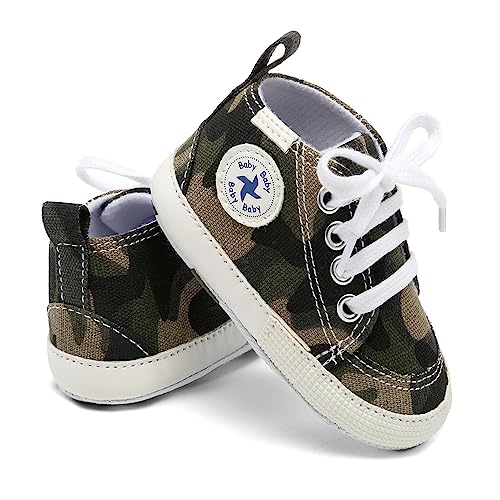 BEIDI Baby Girls Boys Shoes Soft Anti-Slip Sole Newborn First Walkers Star High Top Canvas Denim Unisex Infant Sneaker (A01-Army Green, 12-18 Months) - Image 2