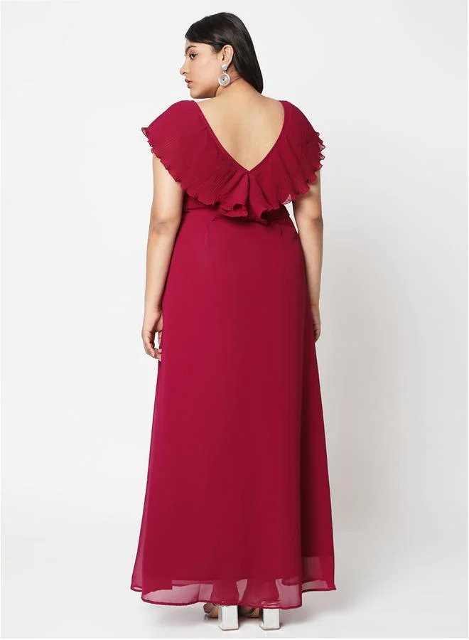 ميش Frill Sleeve Pleated Waist Detail Maxi Dress with Flared Hem by Styli