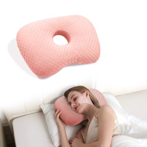 Swaycy Ear Piercing Hole Pillows Side Sleeper Pillow with an Ear Hole for CNH Side Sleepers and Ear Inflammation Pressure Sores Adjustable Cotton and Polyester Curved Side Pillow Pink - Image 1