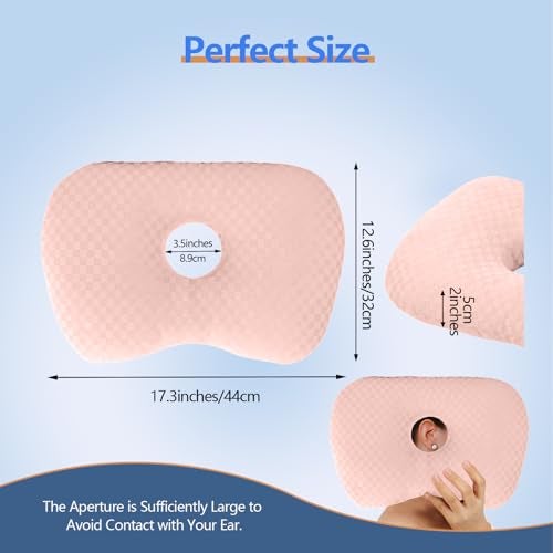 Swaycy Ear Piercing Hole Pillows Side Sleeper Pillow with an Ear Hole for CNH Side Sleepers and Ear Inflammation Pressure Sores Adjustable Cotton and Polyester Curved Side Pillow Pink - Image 3