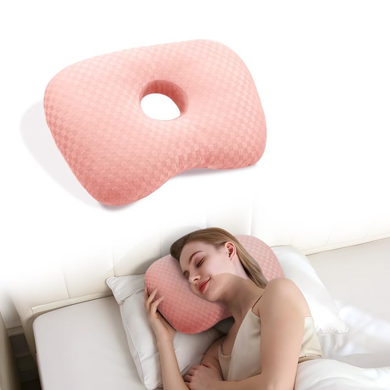 Swaycy Ear Piercing Hole Pillows Side Sleeper Pillow with an Ear Hole for CNH Side Sleepers and Ear Inflammation Pressure Sores Adjustable Cotton and Polyester Curved Side Pillow Pink - Image 2
