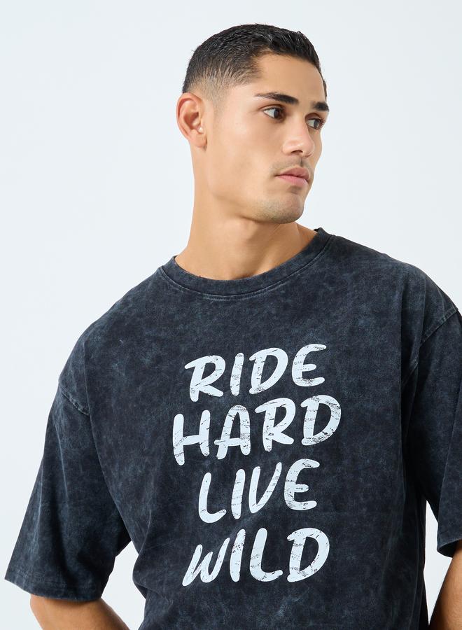 Styli Dyed Oversized Slogan Print Heavy Jersey T-Shirt - Image 1