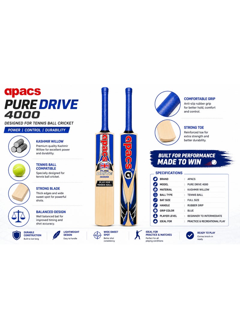 أباك مضرب كريكت Apacs Pure Drive 4000 (خشب الصفصاف الكشميري) مخصص للعب بكرة التنس | مقاس كامل | مقبض أزرق - Image 5