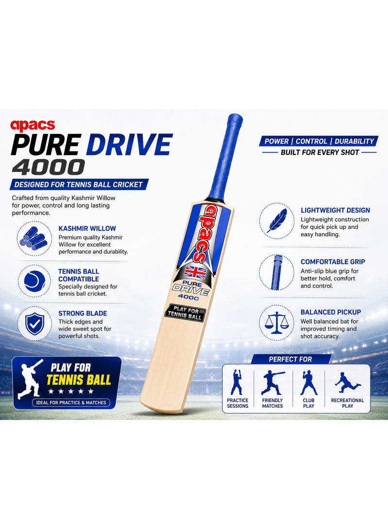 أباك مضرب كريكت Apacs Pure Drive 4000 (خشب الصفصاف الكشميري) مخصص للعب بكرة التنس | مقاس كامل | مقبض أزرق - Image 4