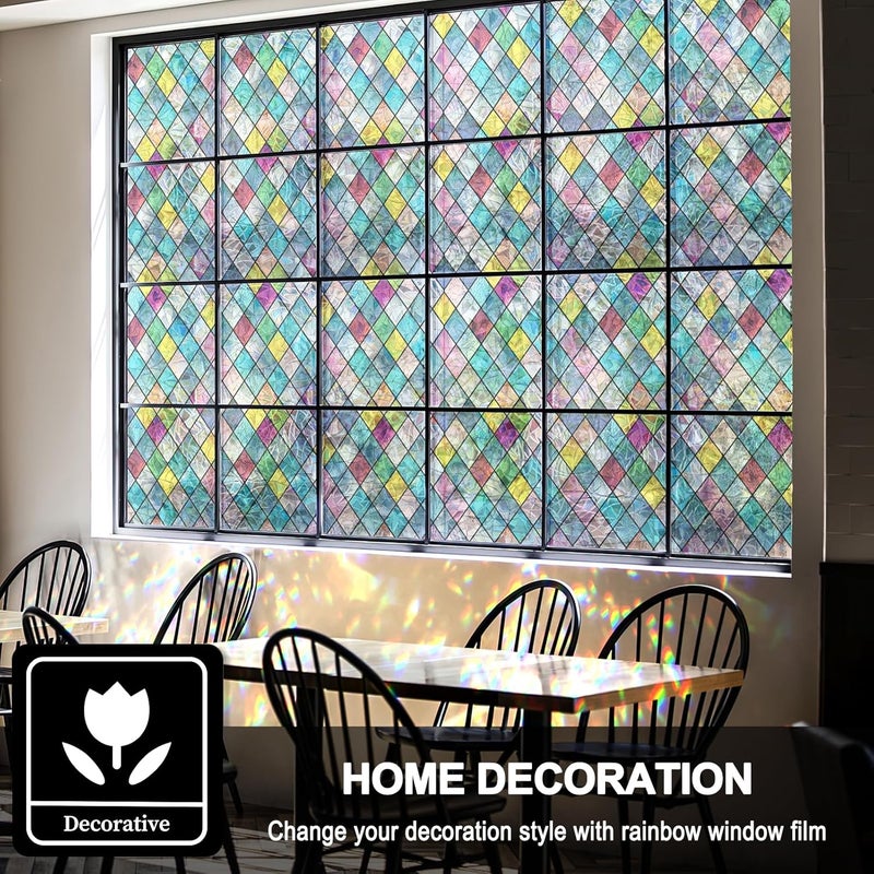 FEOMOS Stained Glass Window Film, Window Privacy Films, Colorful Lattice Window Tint, Rainbow Glass Decals Stickers for Home Anti UV 17.3 x 78.7 inches - Image 3