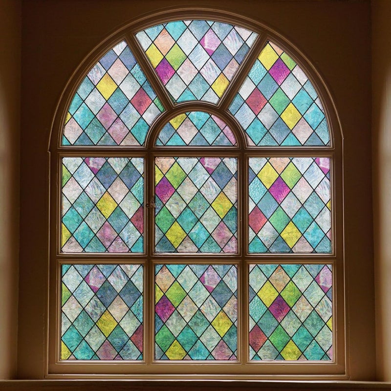FEOMOS Stained Glass Window Film, Window Privacy Films, Colorful Lattice Window Tint, Rainbow Glass Decals Stickers for Home Anti UV 17.3 x 78.7 inches - Image 1