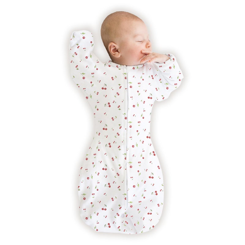 SwaddleDesigns Organic Transitional Swaddle Sack, Arms Up Swaddle with Half-Length Sleeves & Mitten Cuffs, Small, 0-3 Months, 6-14 lbs, Watercolor Little Cherries - Image 1