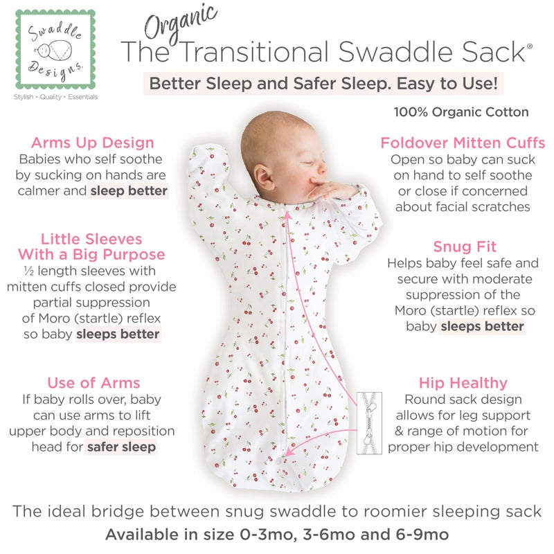 SwaddleDesigns Organic Transitional Swaddle Sack, Arms Up Swaddle with Half-Length Sleeves & Mitten Cuffs, Small, 0-3 Months, 6-14 lbs, Watercolor Little Cherries - Image 2