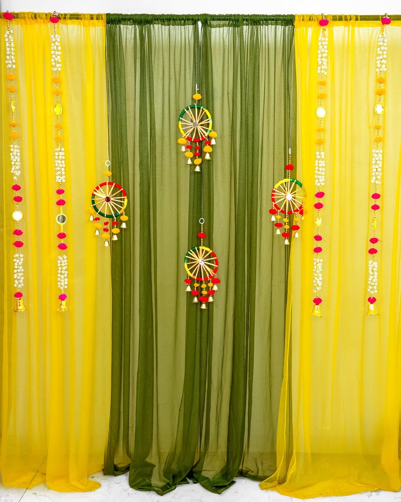 SpecialYou.in Special You haldi Mehendi Decoration for Marriage with Yellow & Green Chiffon Curtains with Multicolor Mirror Pompom and Latkan for haldi Decoration Items for Marriage, haldi Ceremony Decor- 17 Items - Image 1
