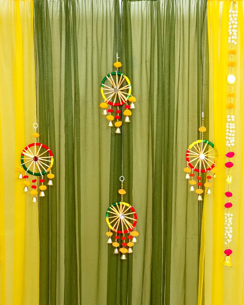 SpecialYou.in Special You haldi Mehendi Decoration for Marriage with Yellow & Green Chiffon Curtains with Multicolor Mirror Pompom and Latkan for haldi Decoration Items for Marriage, haldi Ceremony Decor- 17 Items - Image 5