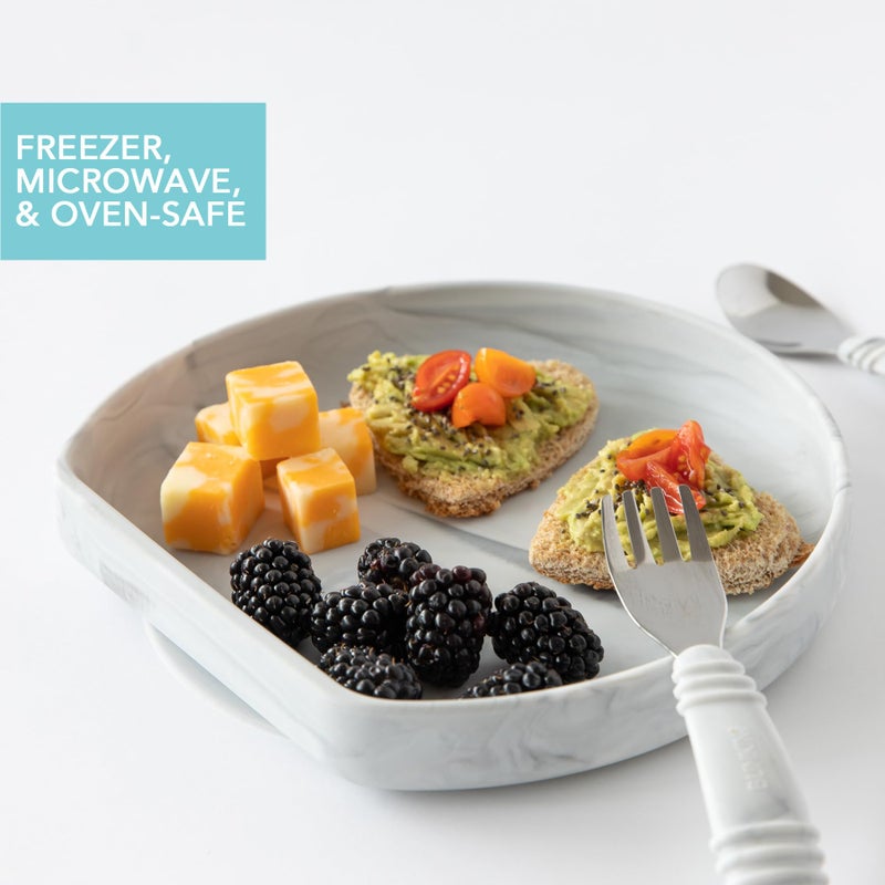 Bumkins Toddler and Baby Suction Plate, Silicone Grip Dish for Babies and Kids, Baby Led Weaning, Children Feeding Supplies, Non Skid Sticky Bottom, Platinum Silicone, Ages 6 Months Up, Marble - Image 4