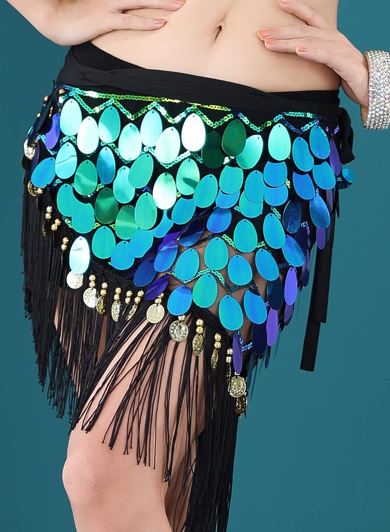 Excefore Belly Dance Hip Scarf, Glitter Fringe Triangle Wrap Belt Sparkle Skirt for Women Outfit Accessory with Tassel Sequins for Women Girl Latin Zumba Yoga (Green)  - Image 2