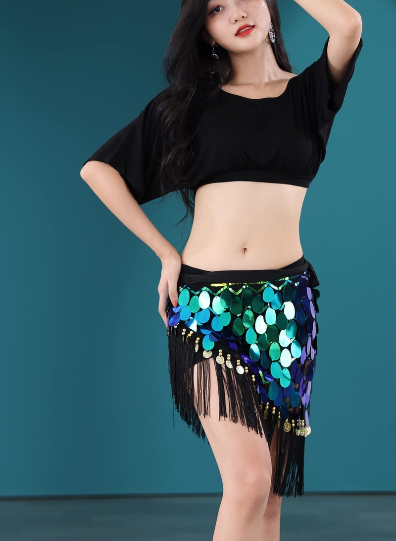 Excefore Belly Dance Hip Scarf, Glitter Fringe Triangle Wrap Belt Sparkle Skirt for Women Outfit Accessory with Tassel Sequins for Women Girl Latin Zumba Yoga (Green)  - Image 4
