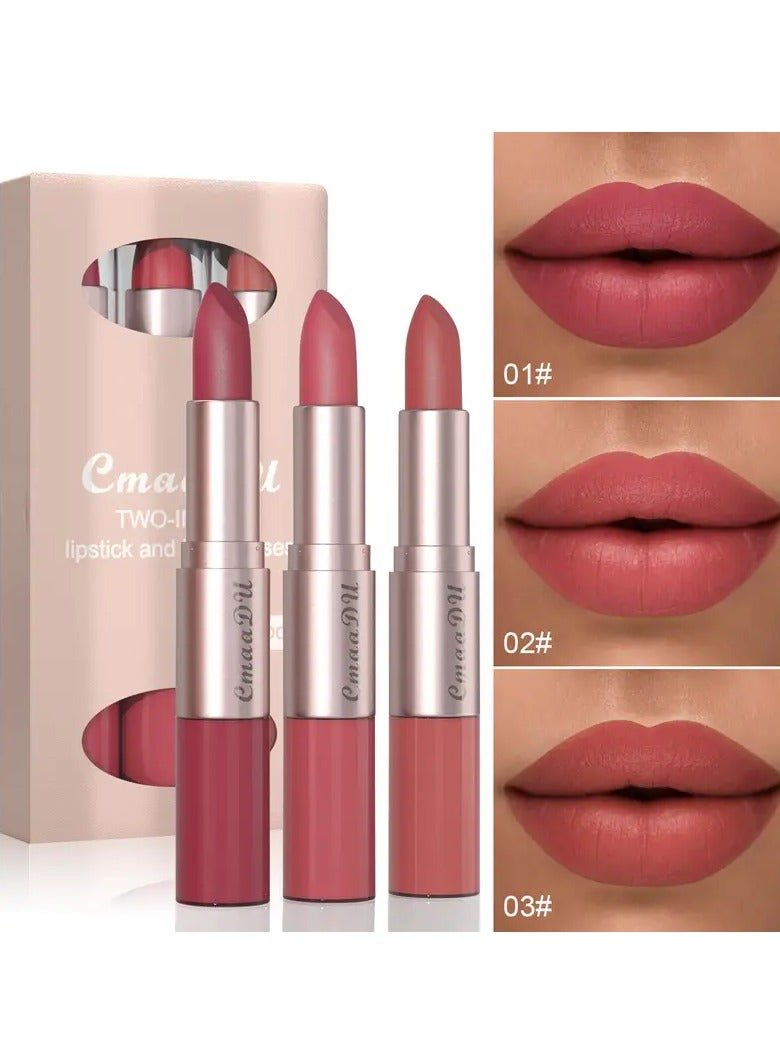 Long-Lasting 3-Color Lipstick & Lip Gloss Set - Double Headed Design for Natural, Texture - Perfect Valentine's Day Gift for Women Valentine's Day Gifts - 01