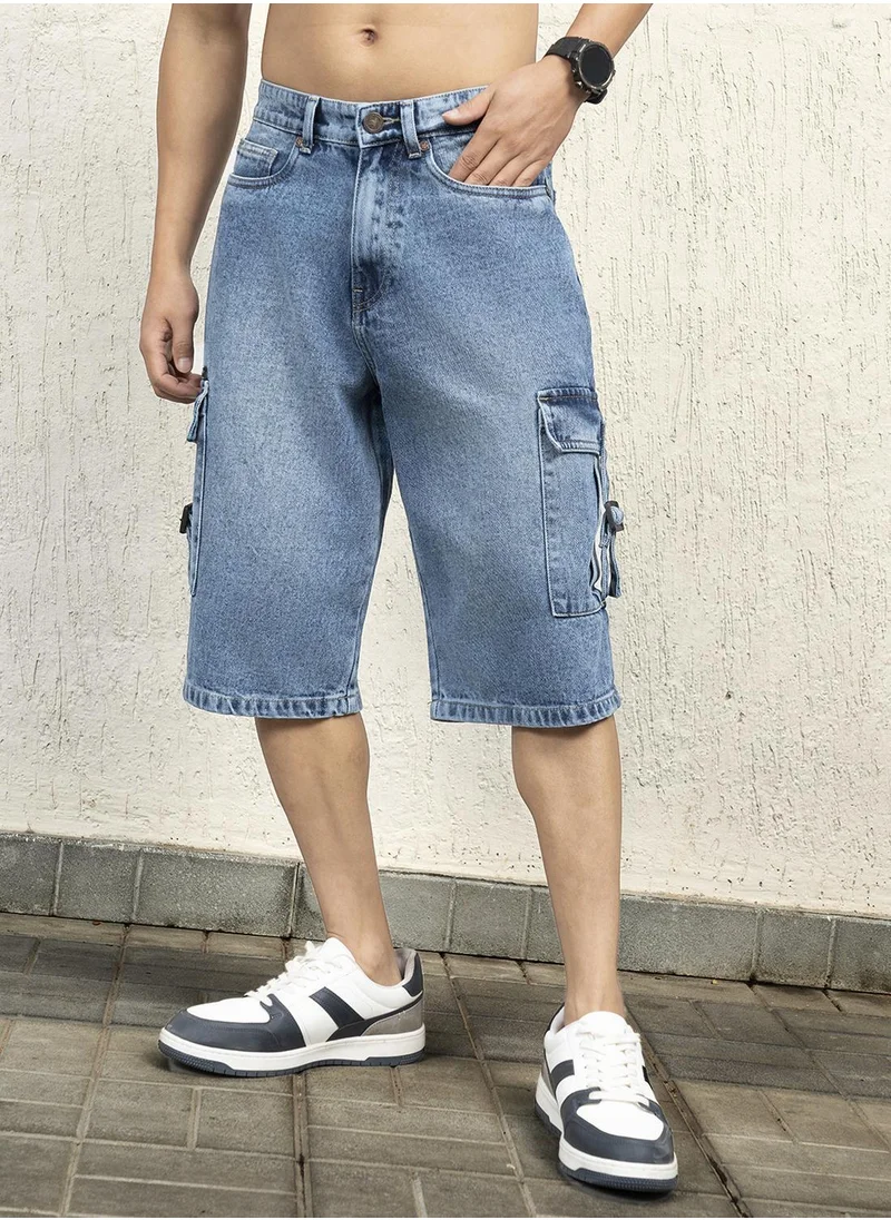 هوبرهولمي Men's Indigo 100% Cotton Bleached Cropped Length Cargo Loose Shorts