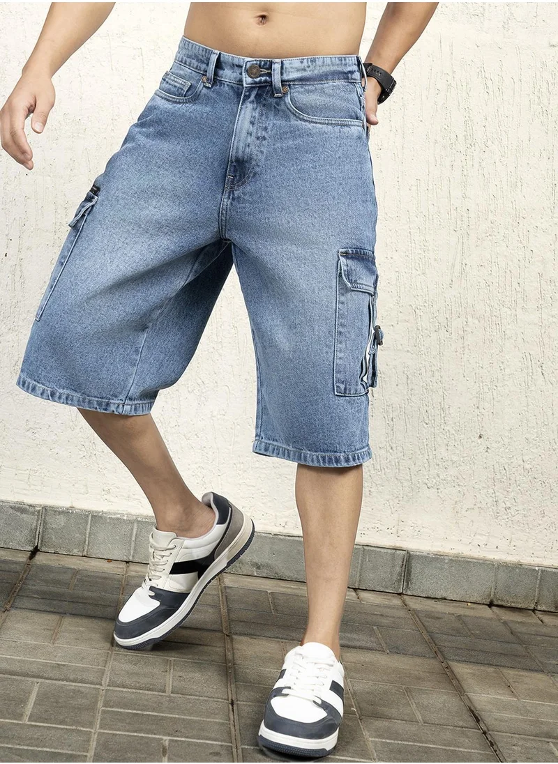 هوبرهولمي Men's Indigo 100% Cotton Bleached Cropped Length Cargo Loose Shorts