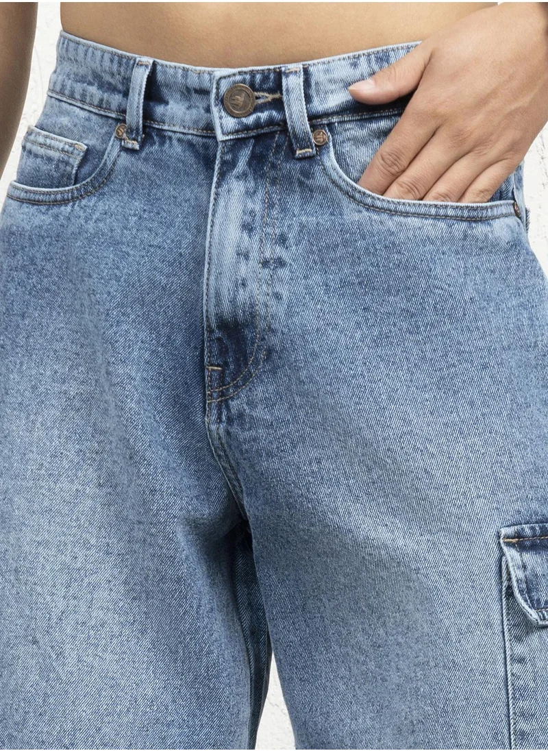 هوبرهولمي Men's Indigo 100% Cotton Bleached Cropped Length Cargo Loose Shorts