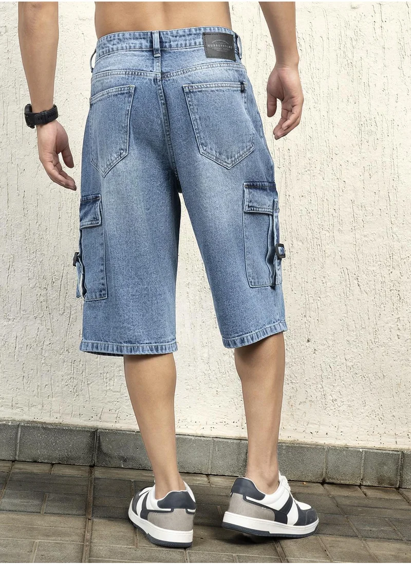 هوبرهولمي Men's Indigo 100% Cotton Bleached Cropped Length Cargo Loose Shorts