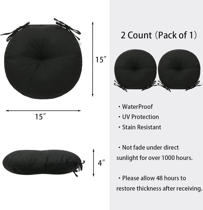 FUNHOME Bistro Chair Cushions 15 inch,Set of 2,Tufted Round Chair Cushions with Ties,15"x15"x4",Water Resistant Round Seat Cushion for Barstool Chairs,Patio Garden Kitchen Outdoor Furniture(Black) - Image 5