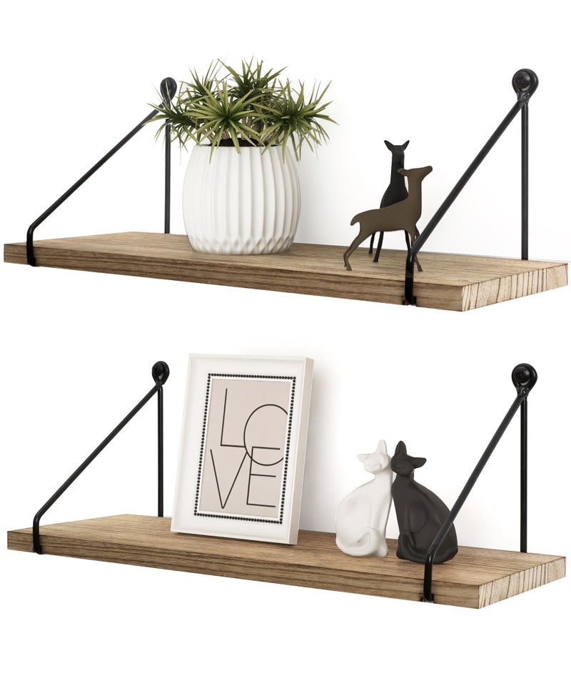 Afuly Rustic Floating Shelves Wooden for Wall Mounted with Metal Brackets Wood Storage Shelf for Bathroom Kitchen Bedroom Living Room Office Decorative Home Accessories Set of 2