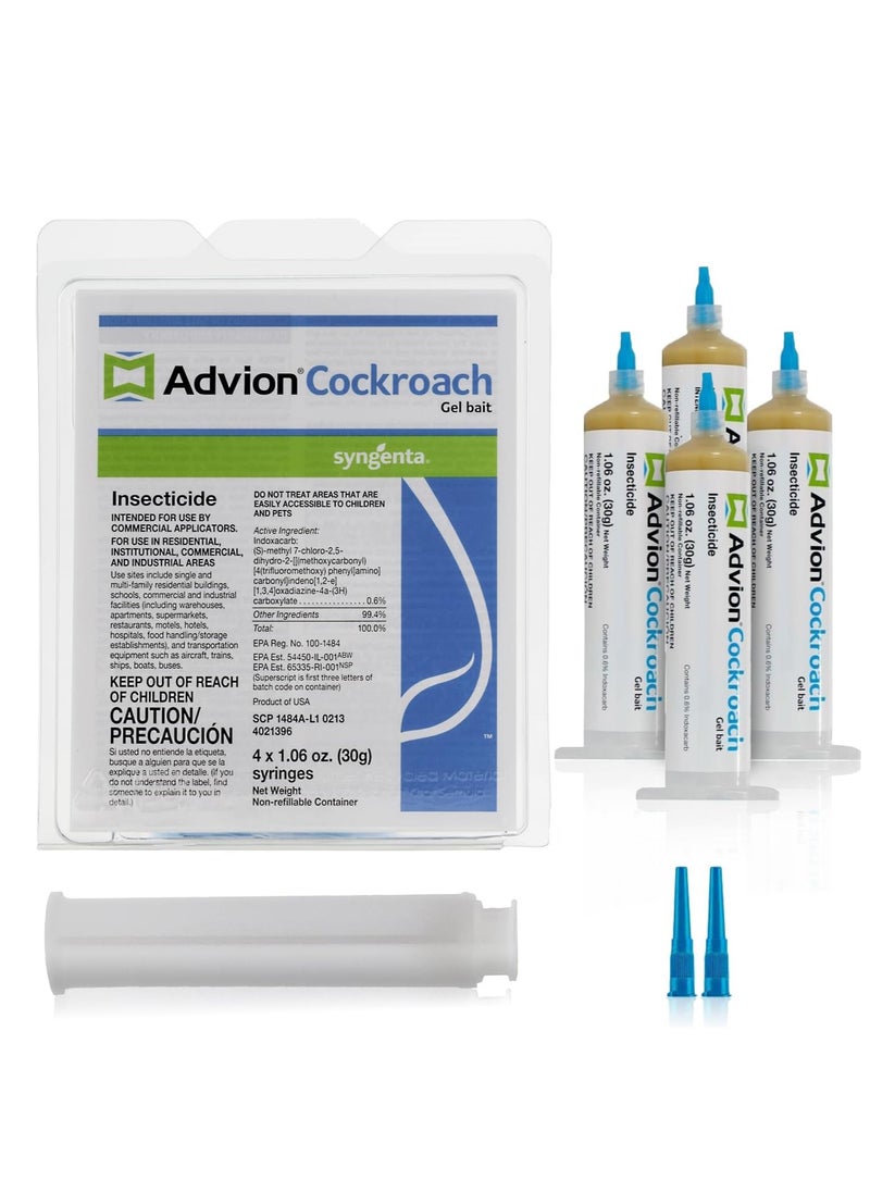 syngenta Advion Cockroach Gel Bait, 4 Tubes x 30-Grams, 1 Plunger and 2 Tips, German Roach Insect Pest Control, Indoor and Outdoor Use, Roach Killer Gel for American, German and Other Major Cockroach Species  - Image 1