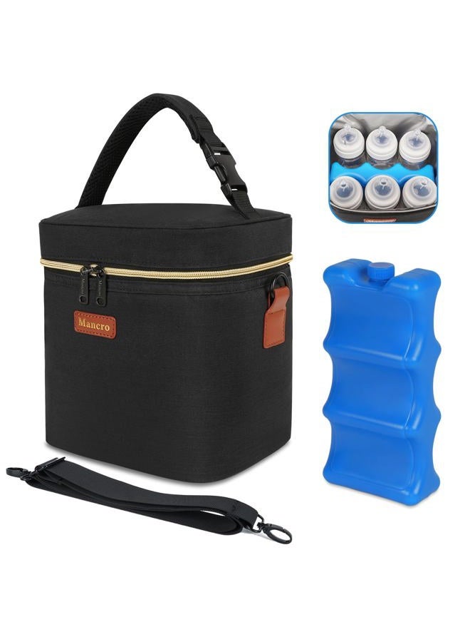 Mancro Breastmilk Cooler Bag Fits 6 Baby Bottles with Ice Pack & Shoulder Strap, Baby Bottle Cooler Bag Insulated Small Cooler Lunch Bag for Daycare Nursing Mom Travel Picnic Fruits Drinks, Black - Image 1