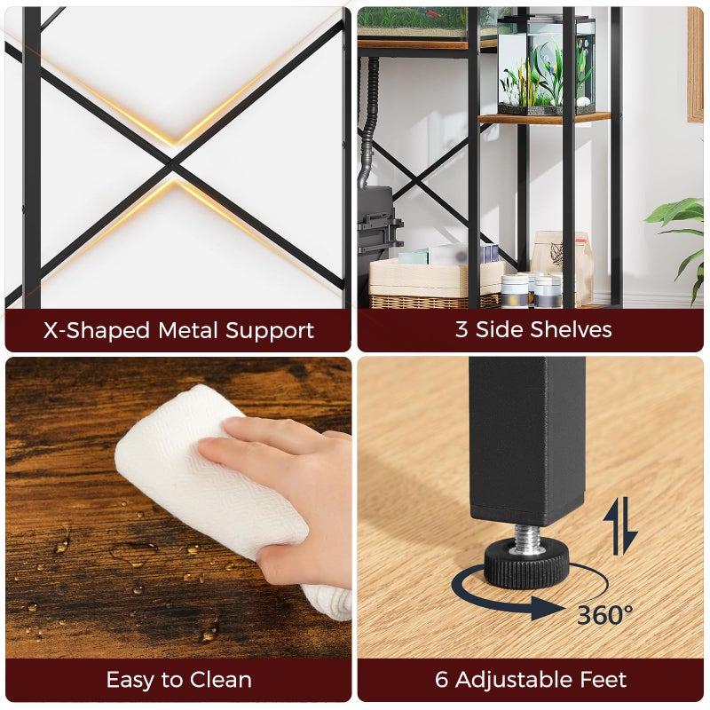 MAHANCRIS 5-10 Gallon Fish Tank Stand with 3-Tier Storage Shelf, Heavy Duty Aquarium Stand for Home Office, Metal Frame Turtle Reptile Terrarium Stand, 29.1"L x 11.0"W x 32.1"H, Rustic Brown FTHR5201 - Image 5