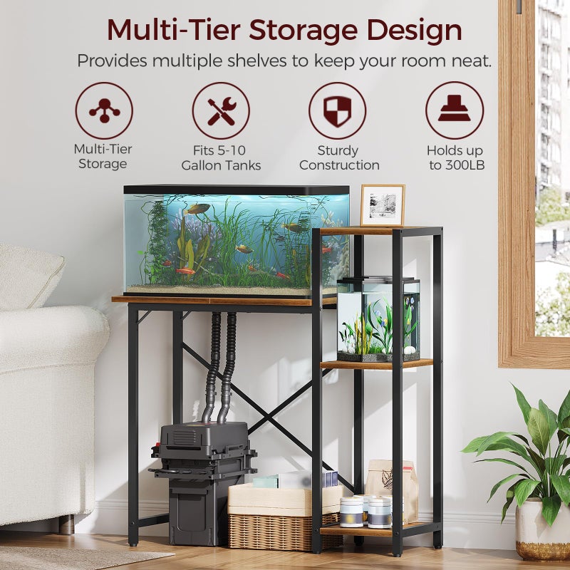 MAHANCRIS 5-10 Gallon Fish Tank Stand with 3-Tier Storage Shelf, Heavy Duty Aquarium Stand for Home Office, Metal Frame Turtle Reptile Terrarium Stand, 29.1"L x 11.0"W x 32.1"H, Rustic Brown FTHR5201 - Image 2