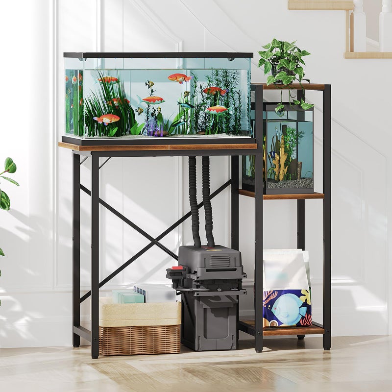 MAHANCRIS 5-10 Gallon Fish Tank Stand with 3-Tier Storage Shelf, Heavy Duty Aquarium Stand for Home Office, Metal Frame Turtle Reptile Terrarium Stand, 29.1"L x 11.0"W x 32.1"H, Rustic Brown FTHR5201 - Image 1