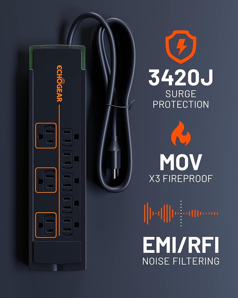 ECHOGEAR ShockBlocker 8 Outlet Surge Protector Power Strip - Slim Design Can Power & Protect Your Entire TV, Office, Or Gaming Setup - Advanced Surge Suppressor with 3420 Joules of Protection - Image 2