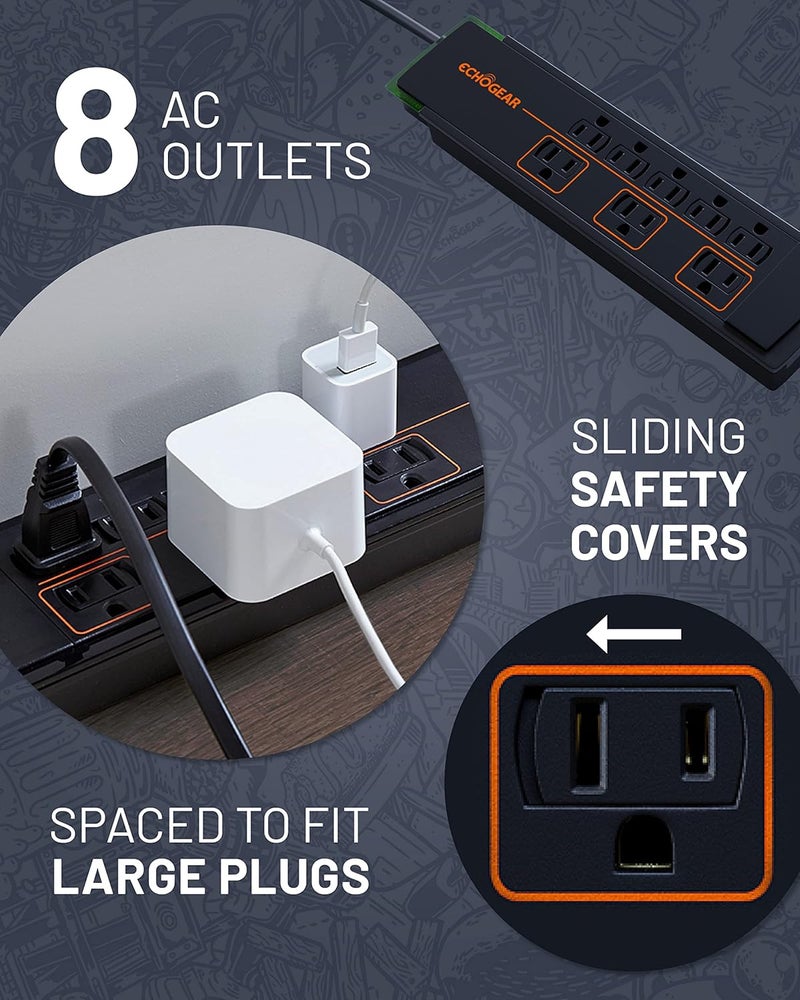 ECHOGEAR ShockBlocker 8 Outlet Surge Protector Power Strip - Slim Design Can Power & Protect Your Entire TV, Office, Or Gaming Setup - Advanced Surge Suppressor with 3420 Joules of Protection - Image 3