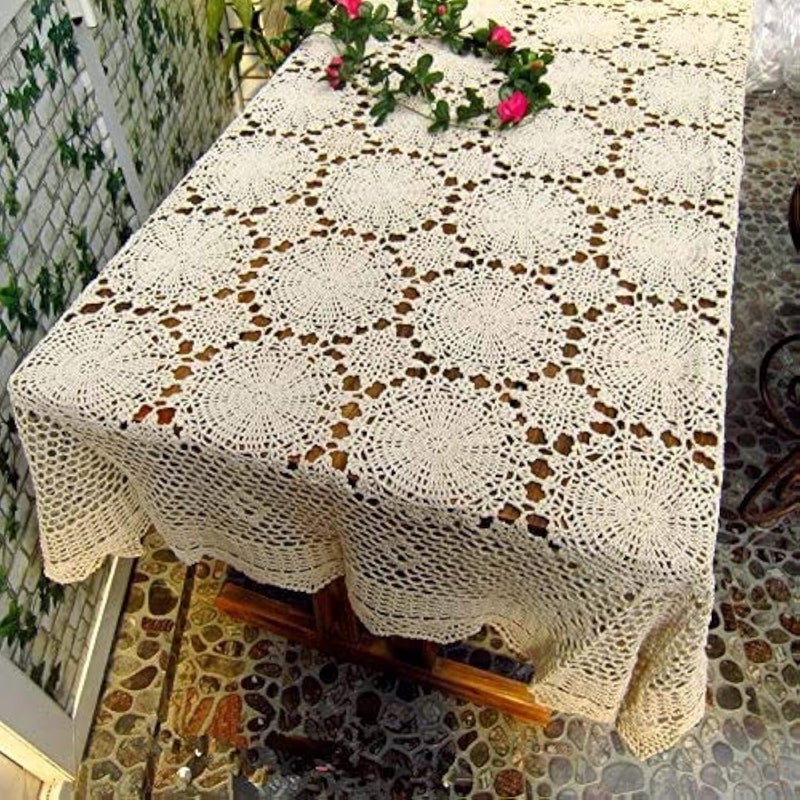 USTIDE Rectangular Crochet Kitchen Tablecloth Beige Cotton Tablecloth Floral Lace Table Cover for Dining Room Living Room 59inchesx78inches