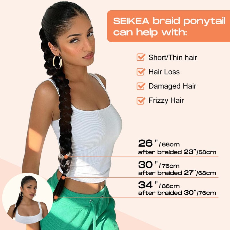 SEIKEA Long Braided Ponytail Extension with Hair Tie Straight Wrap Around Hair Extensions Ponytail Natural Soft Synthetic Hair Piece for Women Daily Wear 34 Inch 150 Gram Black - Image 3