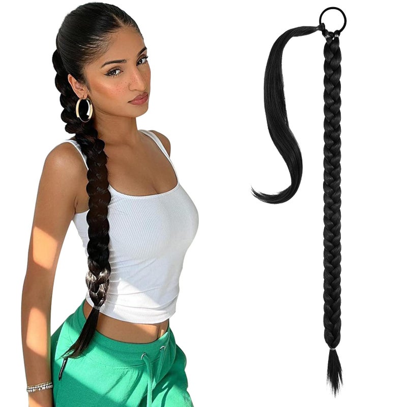 SEIKEA Long Braided Ponytail Extension with Hair Tie Straight Wrap Around Hair Extensions Ponytail Natural Soft Synthetic Hair Piece for Women Daily Wear 34 Inch 150 Gram Black - Image 1