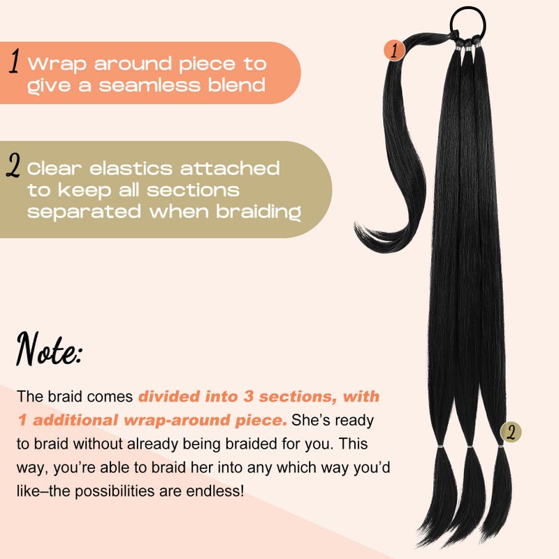 SEIKEA Long Braided Ponytail Extension with Hair Tie Straight Wrap Around Hair Extensions Ponytail Natural Soft Synthetic Hair Piece for Women Daily Wear 34 Inch 150 Gram Black - Image 2