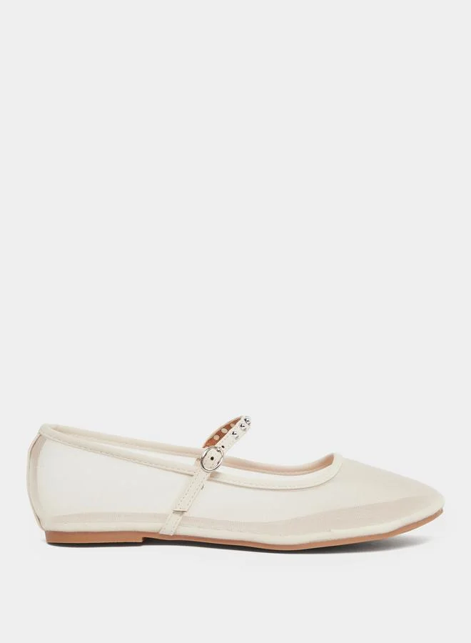 Styli Beige Mesh Mary Jane Flats