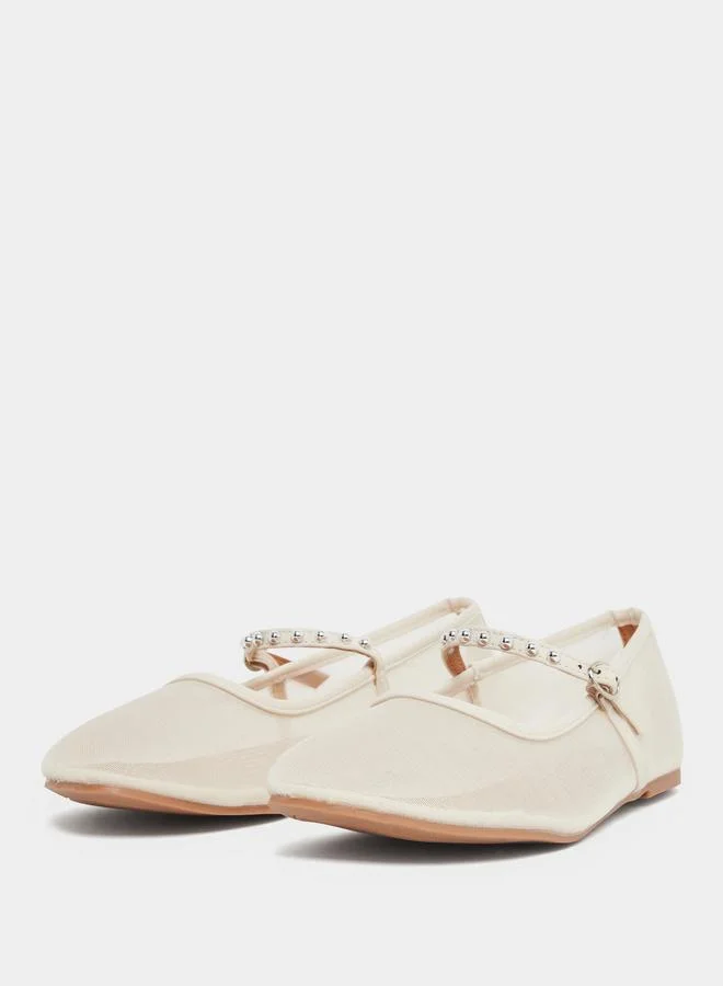 Styli Styli Beige Mesh Mary Jane Flats