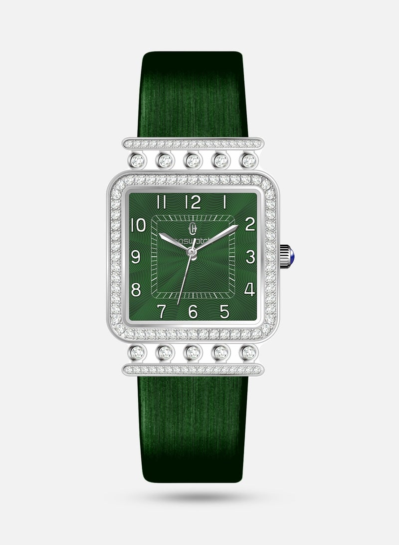 Women's Green Leather Watch with Silver Crystals