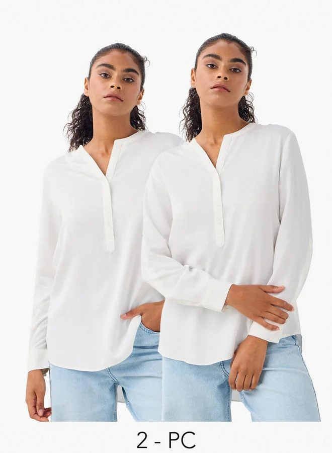 Splash FAV Set of 2   Mandarin Collar Top with Long Sleeves and High Low Hemline